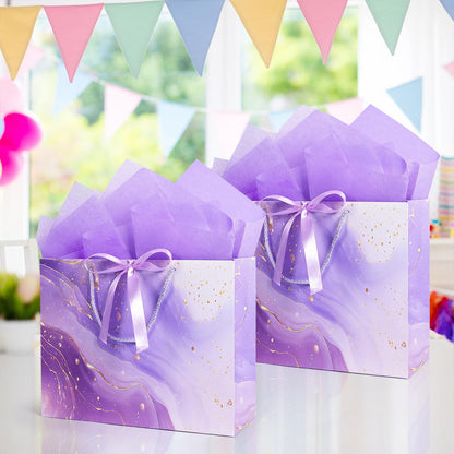 Purple Gift Bags, 2PCS 13” Large Gift Bags with Tissue Paper and Greeting Cards, Gift Bag with Handles Bow for Women Girls, Purple Gift Bags for Birthday Wedding Bridal Baby Shower Anniversaries