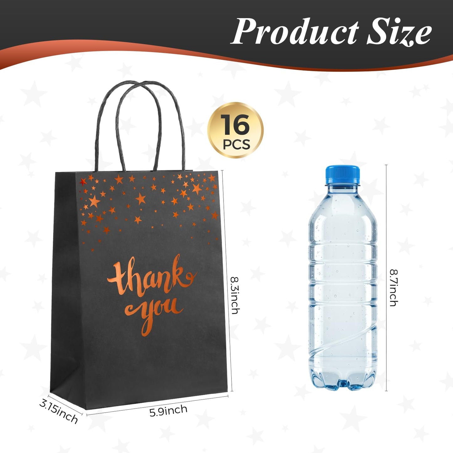 Kiooaci 16 Pcs Thank You Gift Bags Bulk Paper Gold Thank You Bags with Handle Party Favor for Wedding Birthday Baby Shower Business Shopping(Black)