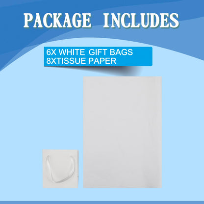 Papertide 6 Pack Small White Gift Bags 4x2.8x4.5 inch with Tissue Paper, Reusable Mini Gift Bags for Jewelry, Candles, Cosmetics, Birthday, Party Favors, Thank You Gifts