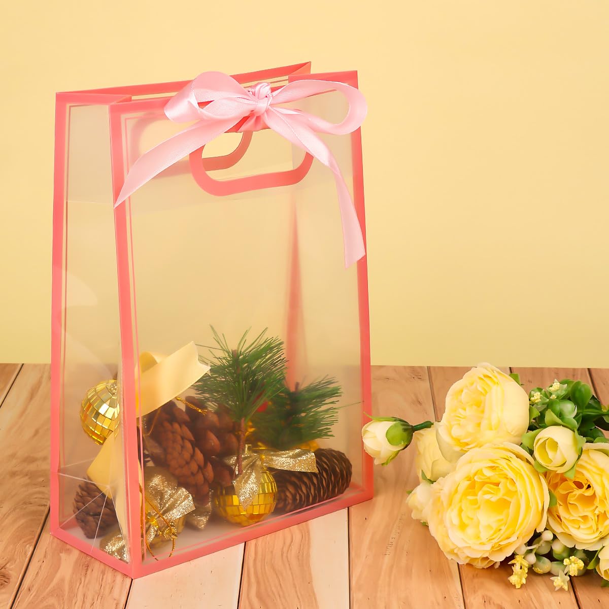 ZJHiome Clear Gift Bags with Handle, 8 PCS PVC Gift Bag with Ribbon Bow for Christmas Easter Wedding Baby Shower Birthday Party(Pink)