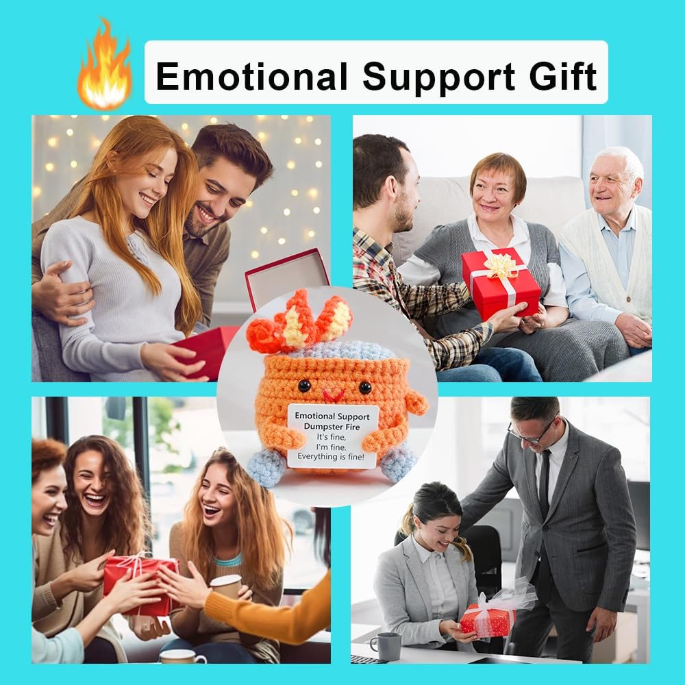 RovyFota Emotional Support Crochet Dumpster Fire with Positive Card Cute Room Decor Knitted Toys Funny Crochet Support Buddies Gifts for Friends (Orange)