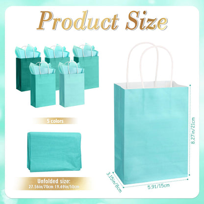 Kolldenn 50 Set Teal Blue Gift Bags with Tissue Paper 8.27 x 5.91 x 3.15 Inch Small Paper Bags with Handles Thank You Gift for Baby Shower Bridal Shower Wedding Party Favors Goodies