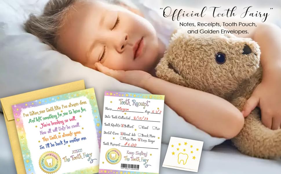 Tooth Fairy Kit for Boys and Girls, Magical Keepsake Gift with Tooth Pouch, 10 Unique Tooth Fairy Cards, 10 Tooth Fairy Receipts, 10 Golden Envelopes, First ToothFairy Visit