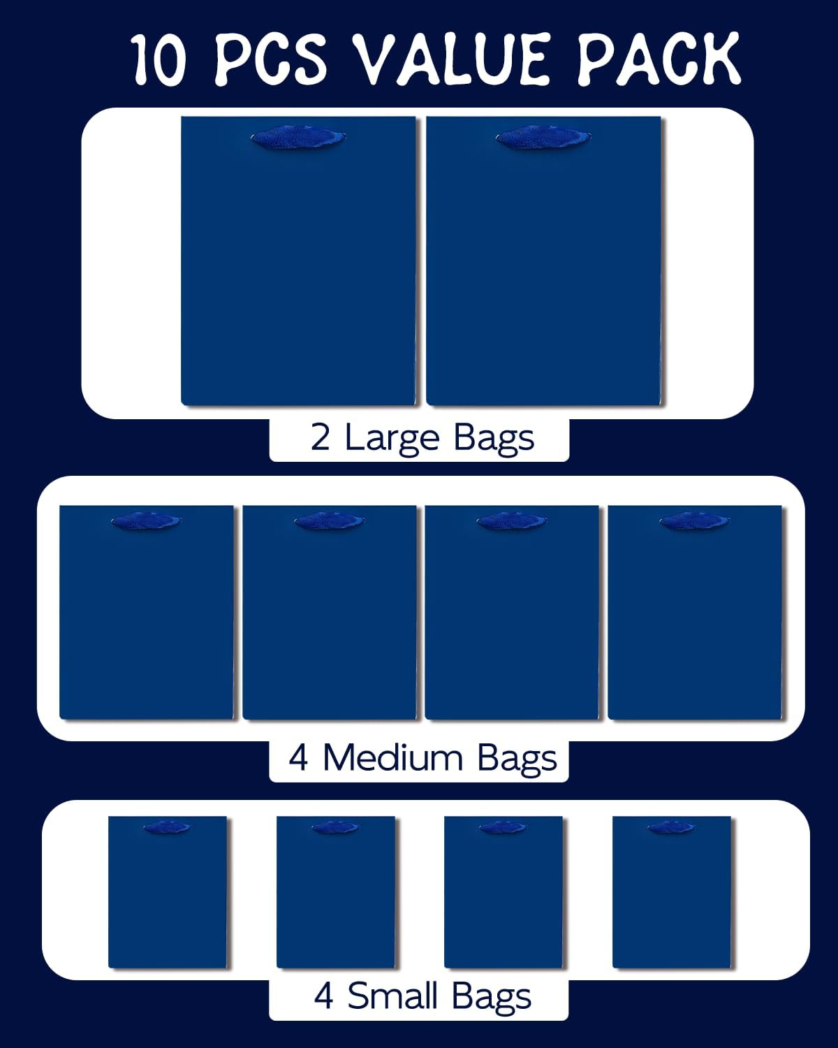 qiqee Navy Blue Gift Bags with Tissue Paper Mulit Assorted Sizes 10PCS Present Party Favor Birthday Bags(2pcs Large 13", 4pcs Medium 9", 4pcs Small 6" Bags)