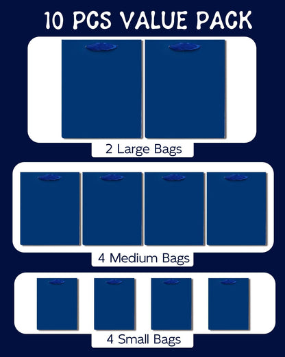 qiqee Navy Blue Gift Bags with Tissue Paper Mulit Assorted Sizes 10PCS Present Party Favor Birthday Bags(2pcs Large 13", 4pcs Medium 9", 4pcs Small 6" Bags)