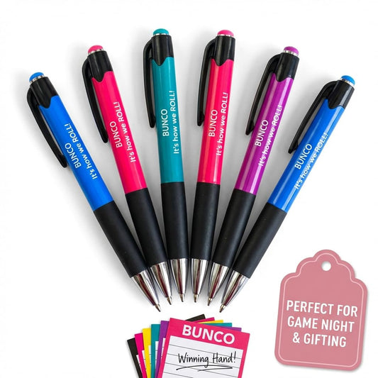 Bunco Pen Set - Set of 6 Assorted Colored Pens with "IT'S HOW WE ROLL" Printed in White on the Barrel. Great Bunco Supply Bag or Bunco Prizes and Gifts.