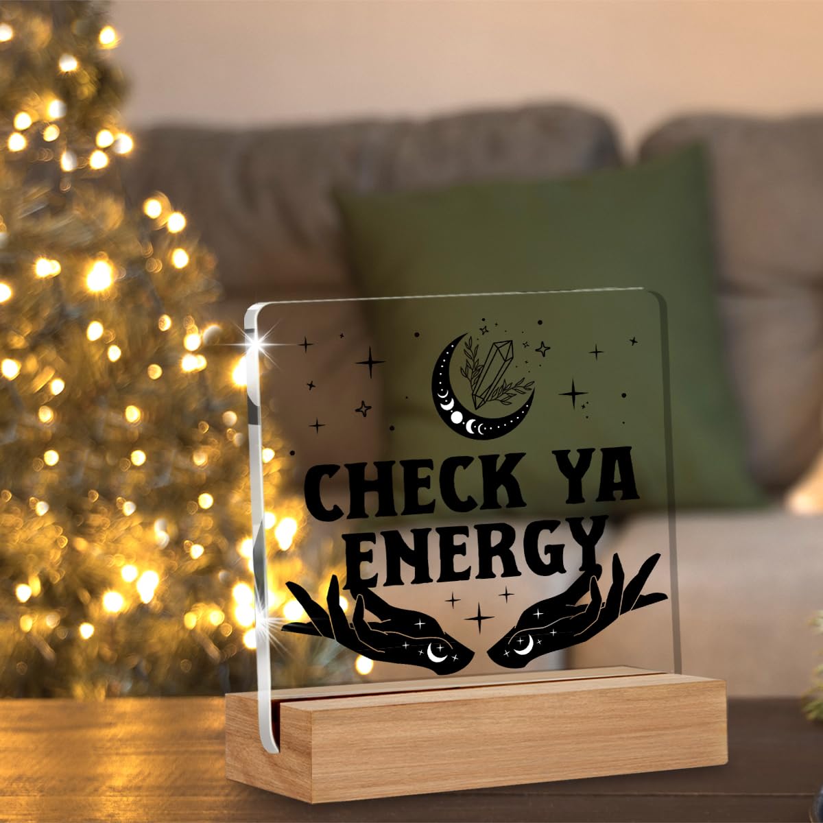 Witchy Gifts for Women Men, Spiritual Witch Gifts, Check Ya Energy Witchy Desk Decor Acrylic Plaque for Home Office Room