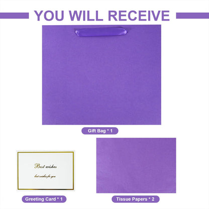 Elegant Purple Gift Bag 11.8"x4.5"x9.8" with Ribbon Handles, Includes Card and Tissue Papers, Perfect for Birthdays, Weddings, Parties, Holidays, Baby Shower