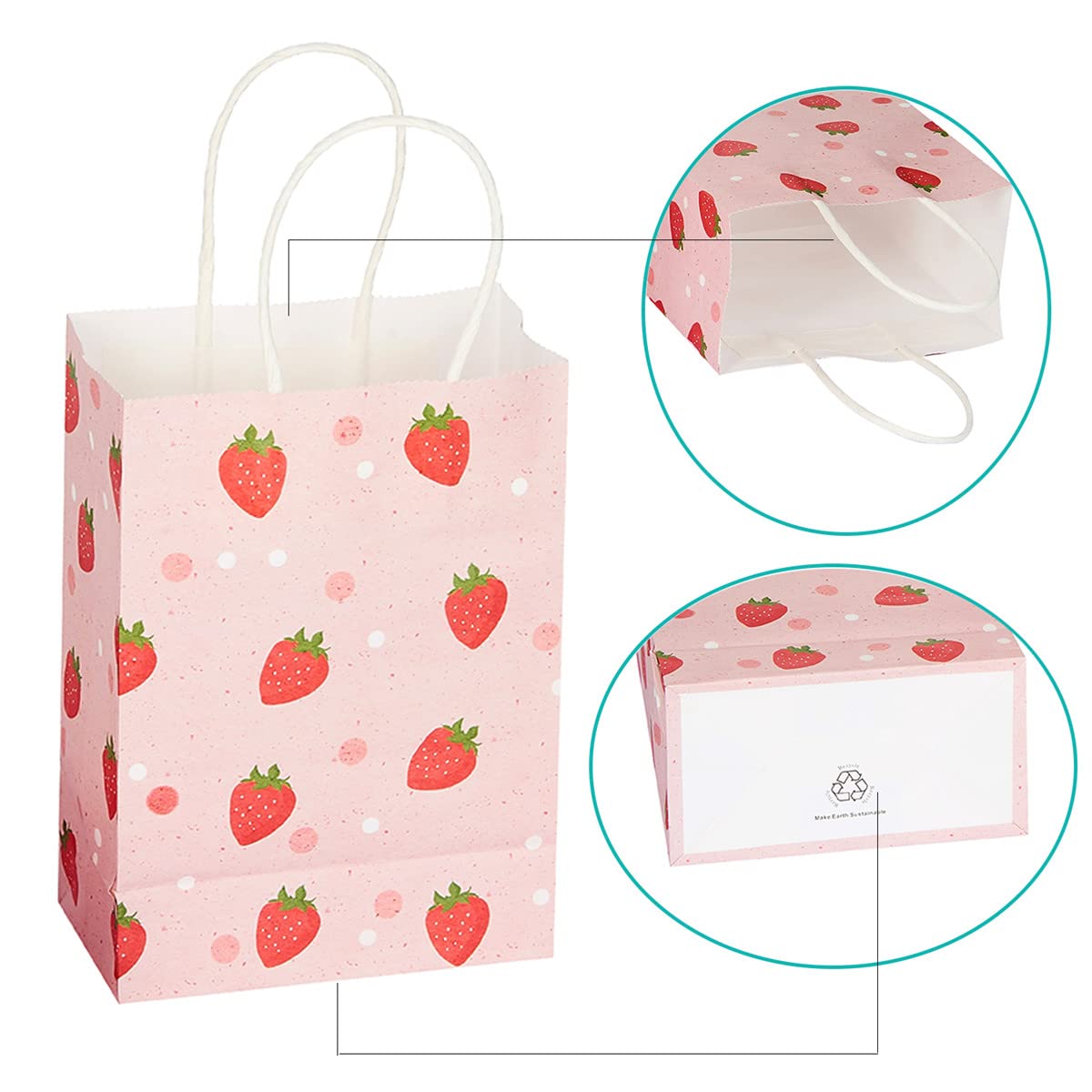 KoberrLi 16Pcs Strawberry Gift Paper Bags with Handles 5.9x8.26x3.15-inch Strawberry Party Favor Paper Bags for Birthday Baby Shower Holiday Gifts (Strawberry)