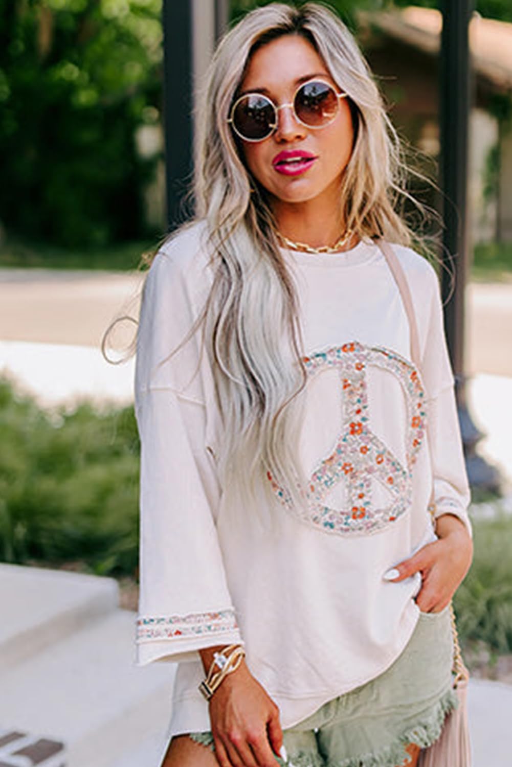 KevaMolly Womens Long Sleeve Tops Floral Peace Symbol Drop Shoulder Sweatshirt Round Neck Casual Pullover