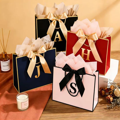 Topaliving Personalized Gift Bag with Card and Tissue Paper, 26 Letters Birthday Gift Bag 13''Custom Valentines Weddings Present with Initials/Numbers for Women Men Kids (Blue,J)