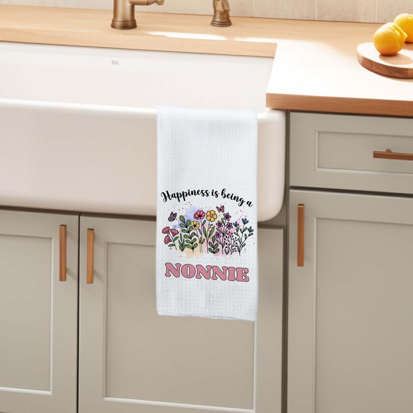 Happiness is Being a Nonnie Kitchen Towels, Grandma Hand Towels, Gifts for Nonnie Mother’s Day Dish Towel for Kitchen, Grandma Gifts Floral Hand Towel for Home Bathroom Decor 16x24 Inch