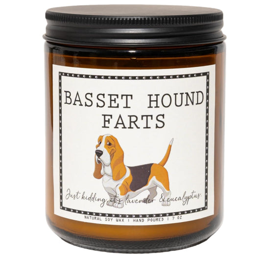 Smells Like Basset Hound Farts Candle - Basset Hound Gifts & Decor, Dog Mom Gifts for Women - Lavender & Eucalyptus Soy Wax Scented Candle, 50Hr Burn