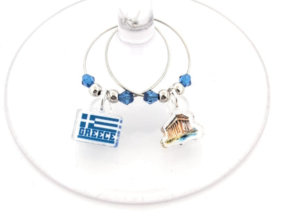 Pixie Greece Wine Glass Charms, Greek Gift 6 Piece Set – Santorini & Parthenon Glass Tag Identifiers, Greek Flag, Greece Theme Party Favors - Acrylic