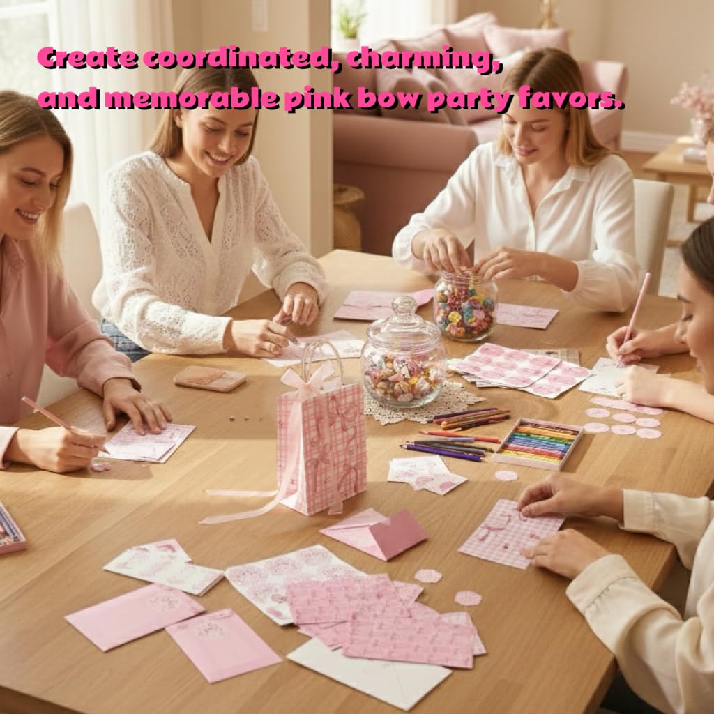 10 Pcs Pink Ribbon Bow Gift Bags with Handles, Gift Bags with Ribbons, 24 Envelopes, 2 Sticker Sheets & 1 Ribbon Roll for Coquette-Style Birthday Party Favors, Baby Shower, Wedding, Girls Tea Party, Cute Pink Goodie Bag Bulk for Treats and Gifts