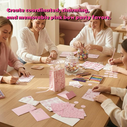 10 Pcs Pink Ribbon Bow Gift Bags with Handles, Gift Bags with Ribbons, 24 Envelopes, 2 Sticker Sheets & 1 Ribbon Roll for Coquette-Style Birthday Party Favors, Baby Shower, Wedding, Girls Tea Party, Cute Pink Goodie Bag Bulk for Treats and Gifts