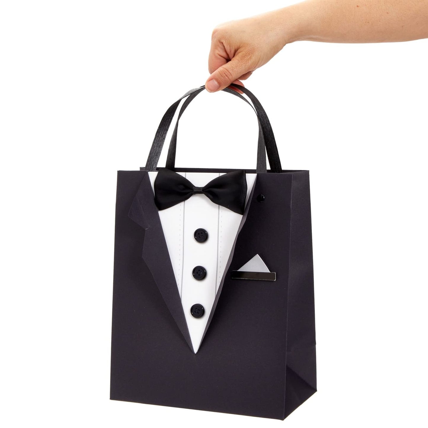 Sparkle and Bash Groomsmen Gift Bags With 3D Tuxedo Design, Satin Bow Tie & Real Buttons - Black, 6 Pack, 8 x 4.5 x 10 In - Wedding & Bachelor Party - Tuxedo Gift Bags for Men