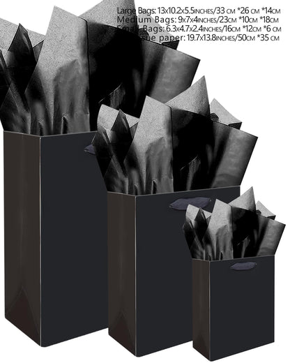qiqee Black Gift Bags with Tissue Paper Mulit Assorted Sizes 10PCS Present Party Favor Birthday Bags(2pcs Large 13", 4pcs Medium 9", 4pcs Small 6" Bags,Tissue Paper)