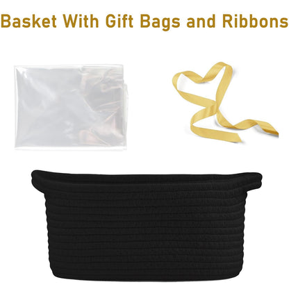 Poschnor Gift Basket Empty, Small Woven Rope Basket, Toy Storage Basket for Baby and Pet, with Gift Bags and Ribbons, 12"X 8" X 5", Black