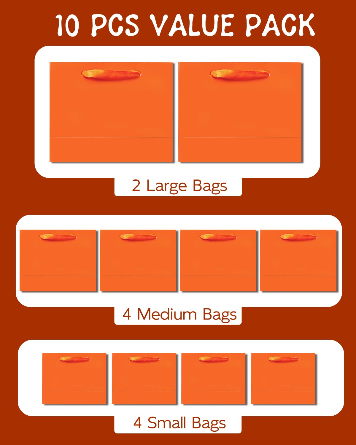 qiqee 10PCS Bright Orange Gift Bags with Ribbon Handles Mulit Assorted Sizes Gift Wide Bags (2pcs Large 13", 4pcs Medium 9.6", 4pcs Small 6.3",Tissue Paper)
