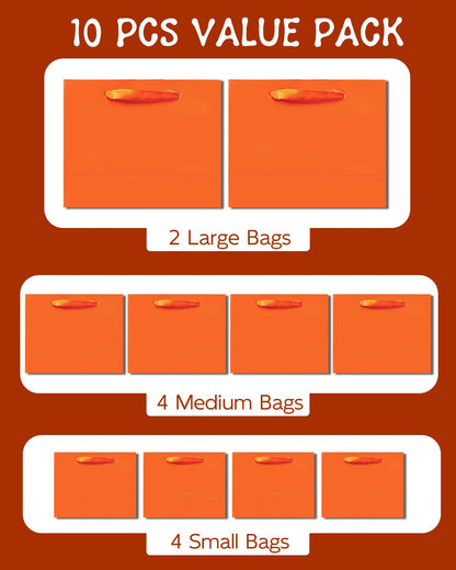 qiqee 10PCS Bright Orange Gift Bags with Ribbon Handles Mulit Assorted Sizes Gift Wide Bags (2pcs Large 13", 4pcs Medium 9.6", 4pcs Small 6.3",Tissue Paper)