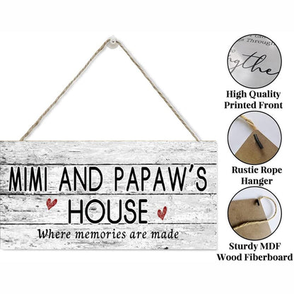 Wooden Mimi and Papaw's House Signs, Where Memories Are Made, Distressed Style, Gift for Grandparents, Indoor Outdoor 6 x 12 Sign