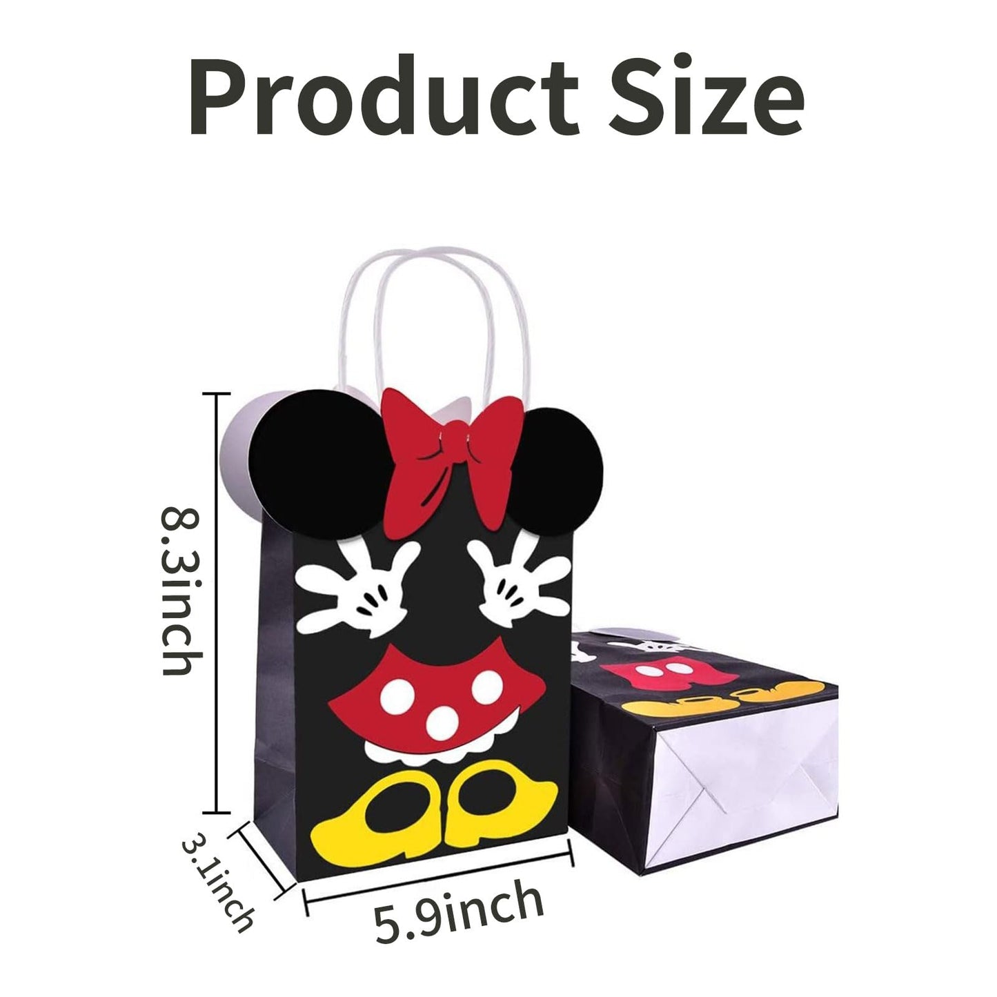 JAMNSY 12 Pcs Mouse Party Favor Bags, Cute Bow Paper Gift Bags with Handles, Cartoon Themed Candy Bags for Birthday Party Decorations & Treat Storage