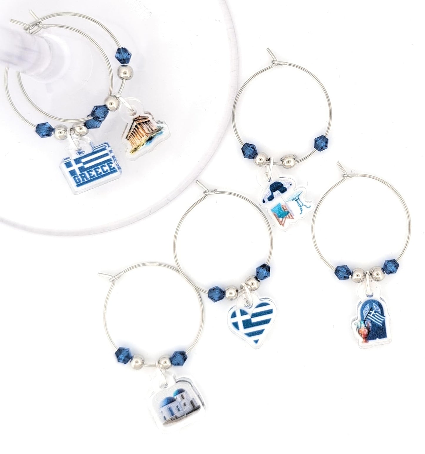 Pixie Greece Wine Glass Charms, Greek Gift 6 Piece Set – Santorini & Parthenon Glass Tag Identifiers, Greek Flag, Greece Theme Party Favors - Acrylic