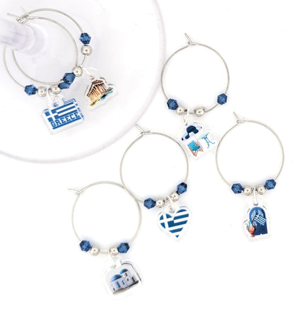 Pixie Greece Wine Glass Charms, Greek Gift 6 Piece Set – Santorini & Parthenon Glass Tag Identifiers, Greek Flag, Greece Theme Party Favors - Acrylic