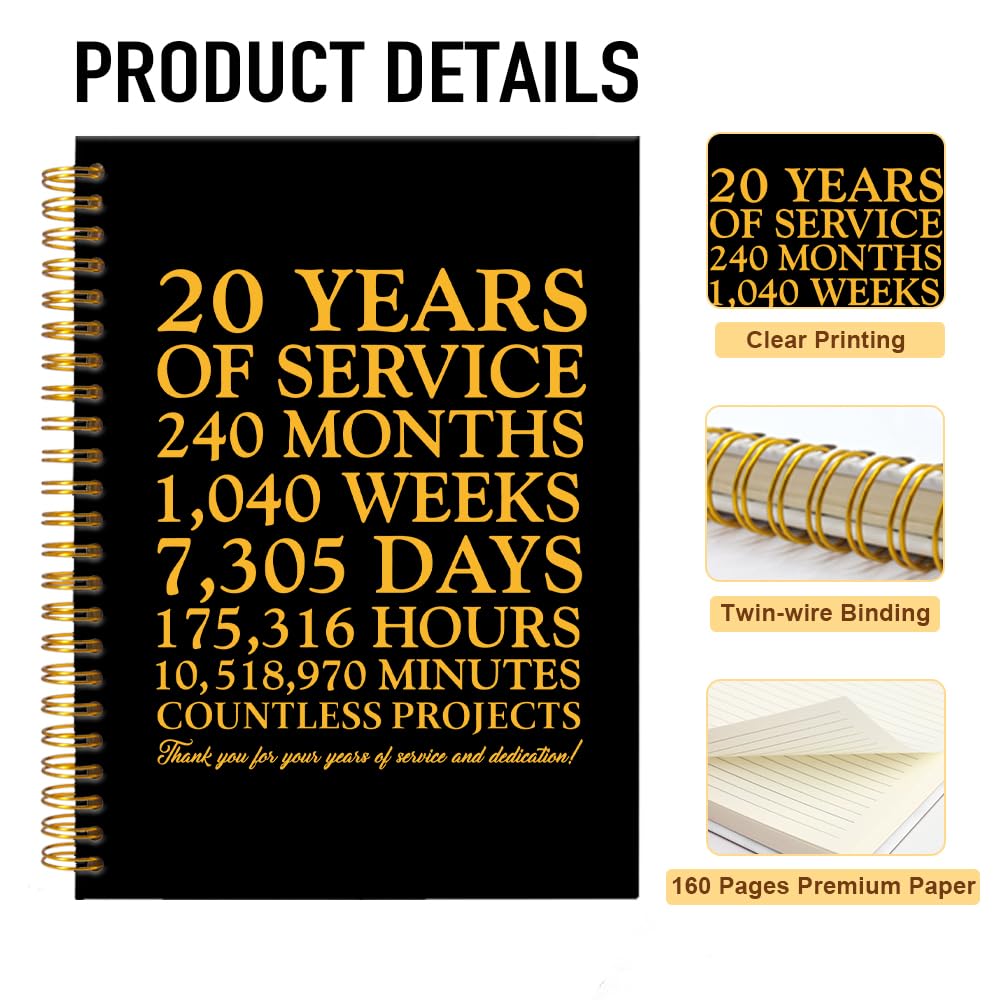 20 Years of Service Black Golden Thank You Spiral Notebook,20th Anniversary Work Commemoration, Staff Service Recognition Gifts,Thank You 20 Years Work Gifts for Coworkers