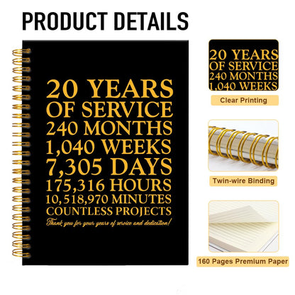 20 Years of Service Black Golden Thank You Spiral Notebook,20th Anniversary Work Commemoration, Staff Service Recognition Gifts,Thank You 20 Years Work Gifts for Coworkers