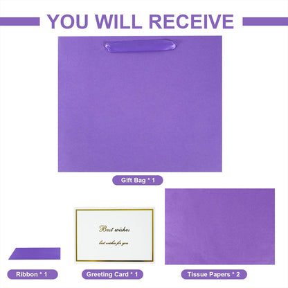 Elegant Purple Gift Bag 11.8"x4.5"x9.8" with Ribbons Handles, Includes Card and Tissue for Weddings, Birthdays, Baby Shower Parties, Holidays