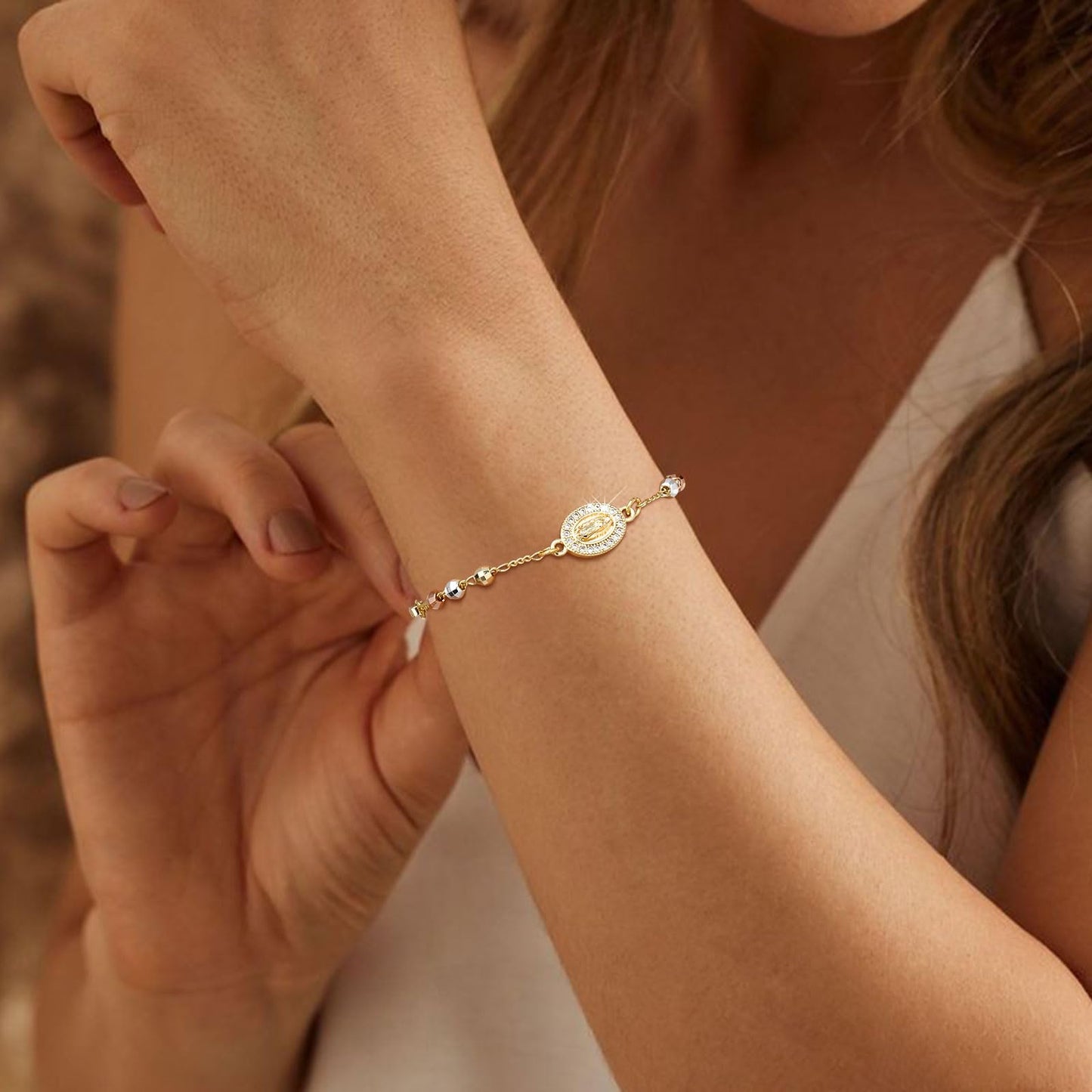 Catholic Crucifix Gifts Rosary Bracelet for Women-14K gold plated Virgin Mary Jesus Cross Charm Link Chain, Dainty Virgen de Guadalupe Religious Gift for Confirmation Baptism First Communion Easter