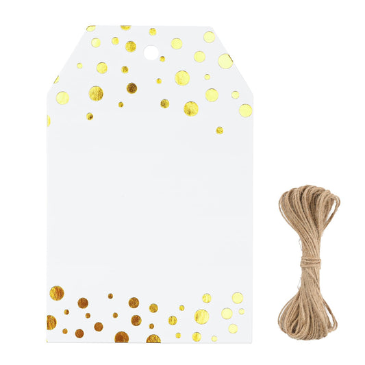 G2PLUS Foil Gold Dots Gift Tags, 50 Pcs White Paper HangTags with String, Metallic Gold Dots Present Tags, Personalized Blank Labels for Wedding, Birthday, Party Favors (3.34"×2.16")