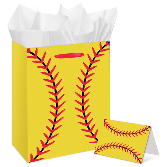 Large Softball Party Gift Bag with Tissue Paper and Greeting Card for Girls Women Birthdays Party Favor Sport Birthday Goodie Bag Team Gifts Sports Celebrations