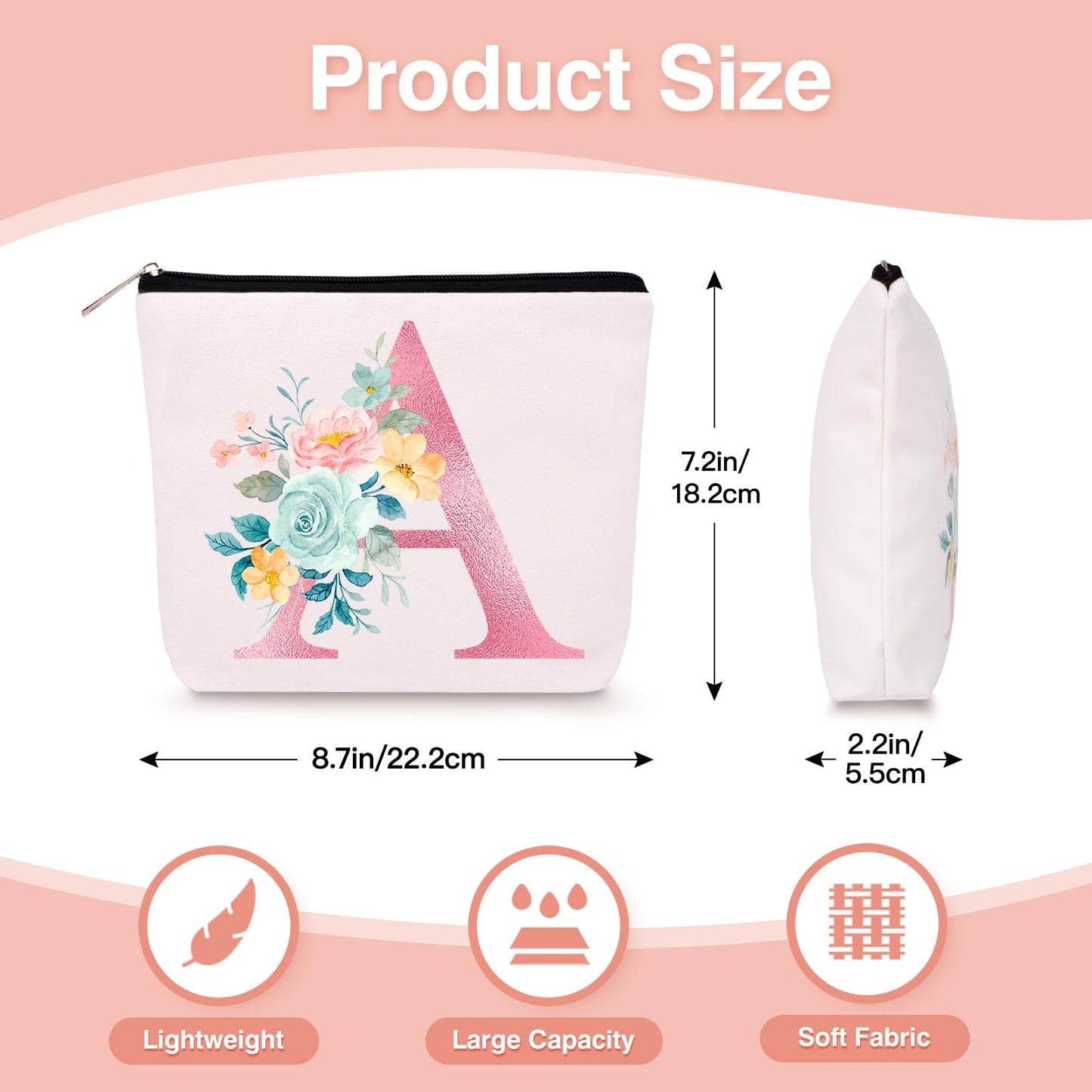 Personalized Makeup Bag with Initial Keychain, Custom Initial Monogram Small Travel Cosmetic Toiletry Bag, Birthday Gifts for Women Bridesmaid Teacher (A)