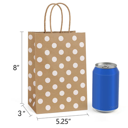 BagDream Small Paper Gift Bags 25Pcs 5.25x3x8 Inches With Handles, Shopping Party Bags Recyclable Kraft Brown Dot