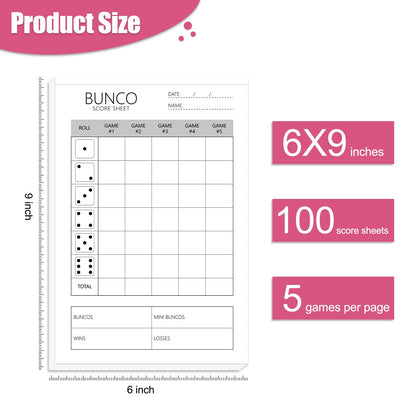 Bunco Score Sheets: 100 Single Side Large Print Score Sheets with Perforation, Perfect Addition to Your Bunco Game Kit and Bunco Party Supplies