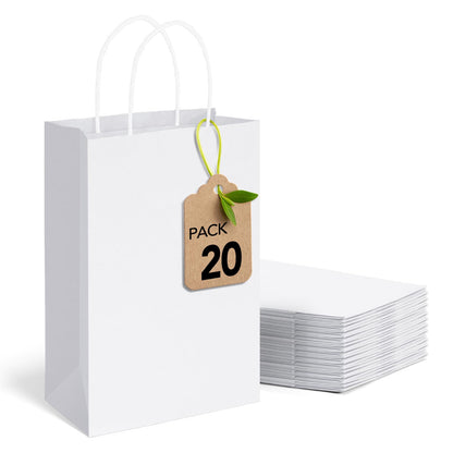 MESHA Gift Paper Bags 20Pcs 5.25 x 3.75 x 8 Inch White Small Kraft Shopping Bags Bulk with Handles, Reusable Bags for Small Business, Retail, Party Favor, Wedding, Made in USA