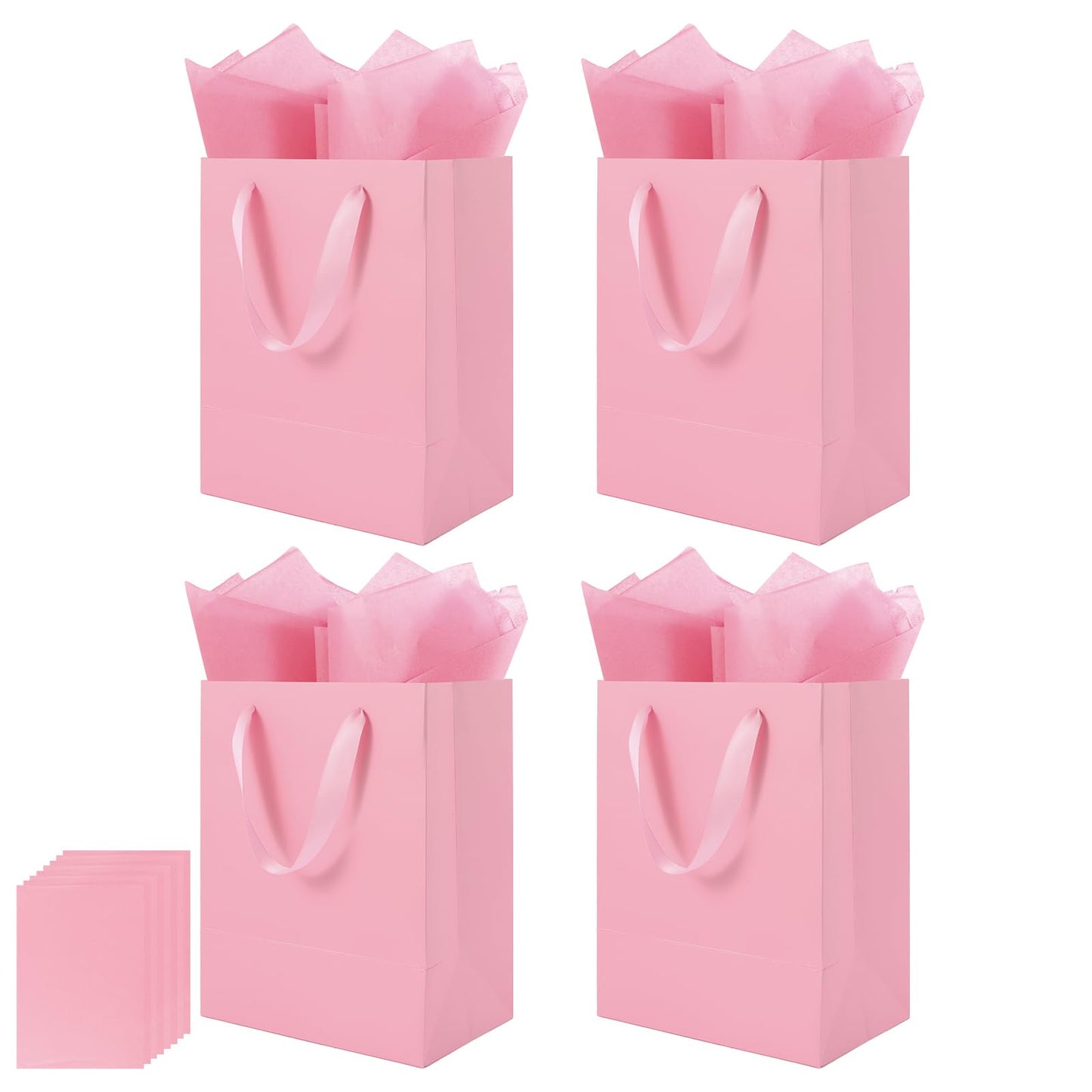 Epoesch 4 Pack Pink Gift Bags Handles and 8 Tissue Paper, Medium Size 8 X 5 X10 Inch Paper Bag for Birthday Party, Baby Shower, Wedding Favors or Mother's Day