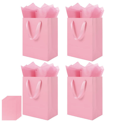 Epoesch 4 Pack Pink Gift Bags Handles and 8 Tissue Paper, Medium Size 8 X 5 X10 Inch Paper Bag for Birthday Party, Baby Shower, Wedding Favors or Mother's Day