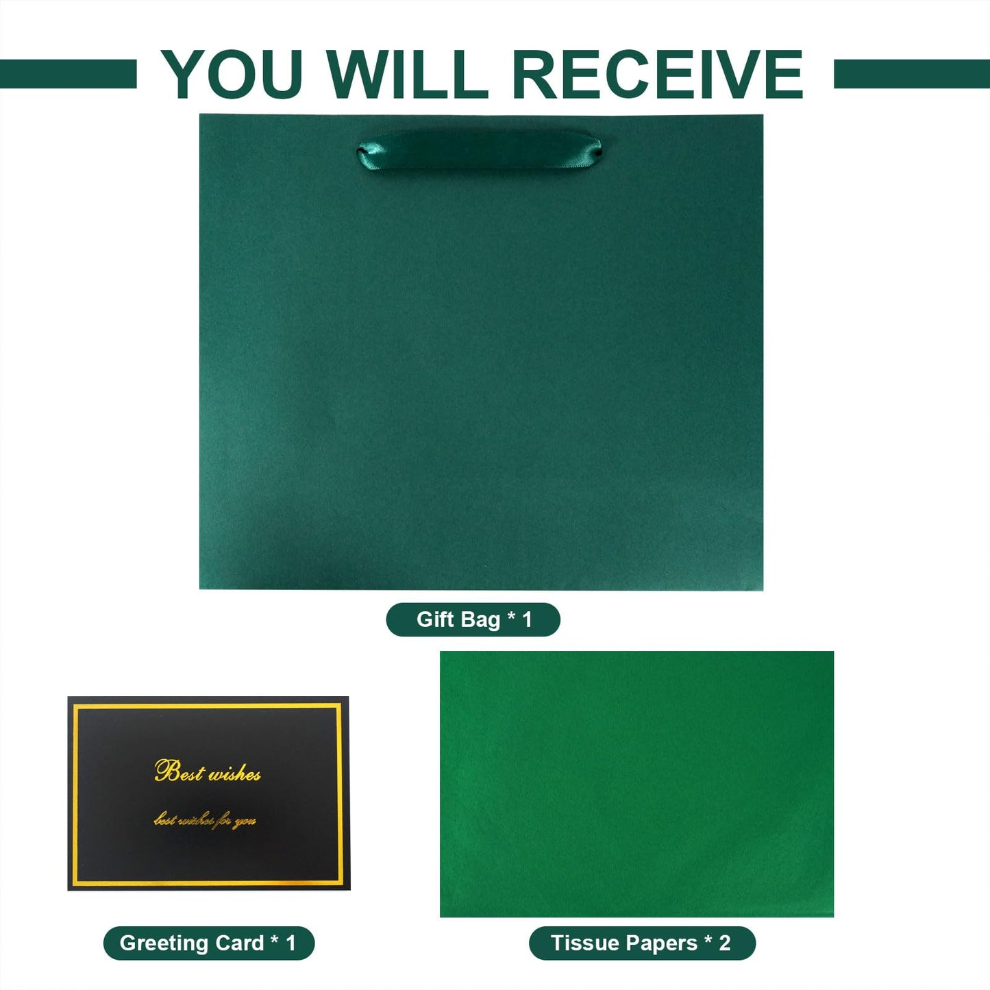 Elegant Green Gift Bag 11.8"x4.5"x9.8" with Ribbon Handles, Includes Card and Tissue Papers, Perfect for Birthdays, Weddings, Parties, Holidays, Baby Shower