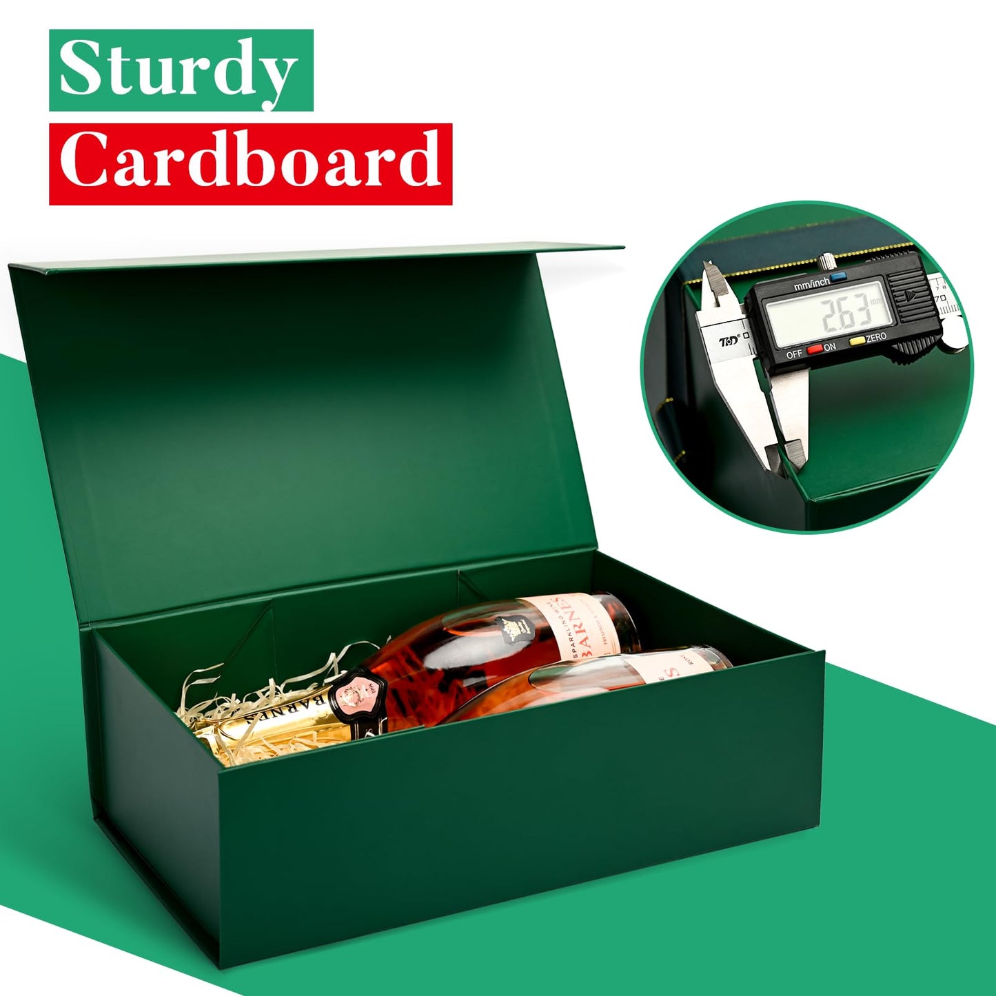 LIFELUM Green Gift Box for Presents 1 Pack 13.85 x 8.35 x 4.45 inch Big Decorative Large Gift Box for Clothes with Magnetic Lids Luxury Accessories Card, Ribbon, Filler,Sticker