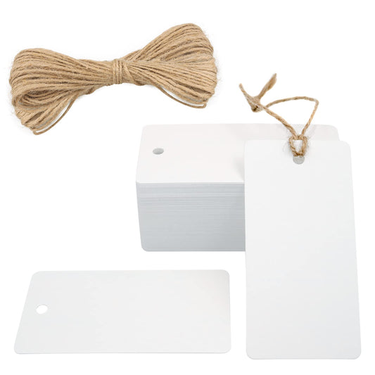 G2PLUS 100PCS Blank Gift Tags,3.5” x 1.7” White Kraft Paper Gift Tag with String, Rectangle Hanging Tags for Arts and Crafts Wedding Holiday, Teachers Day,Christmas,Thanksgiving,Party Favors
