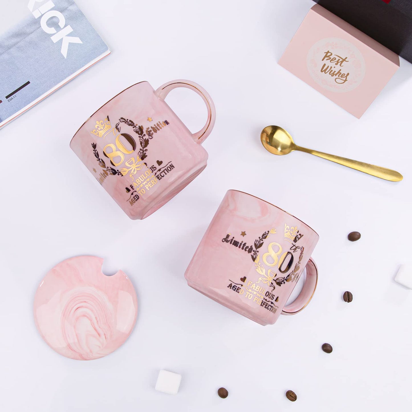 Biching 80th Birthday Gifts for Women, 14oz Pink Coffee Mug with Gold Pattern, Best Gifts for 80 Year Old Grandma, Mom, Sister, Friend, Fabulous 80 Limited Edition, 1946 Birthday Gifts for Women