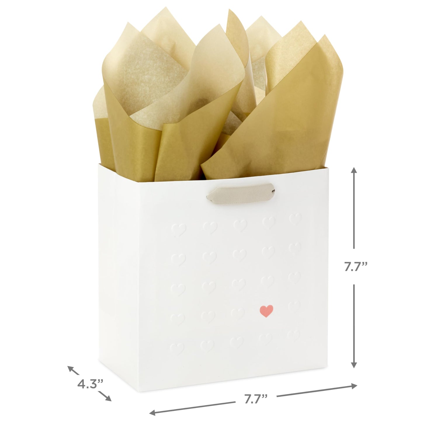 Hallmark Signature Studio 7" Medium Gift Bag with Tissue Paper (Embossed Hearts, White, Pink, Gold) for Valentine's Day, Birthdays, Mother's Day, Baby Showers, Bridal Showers