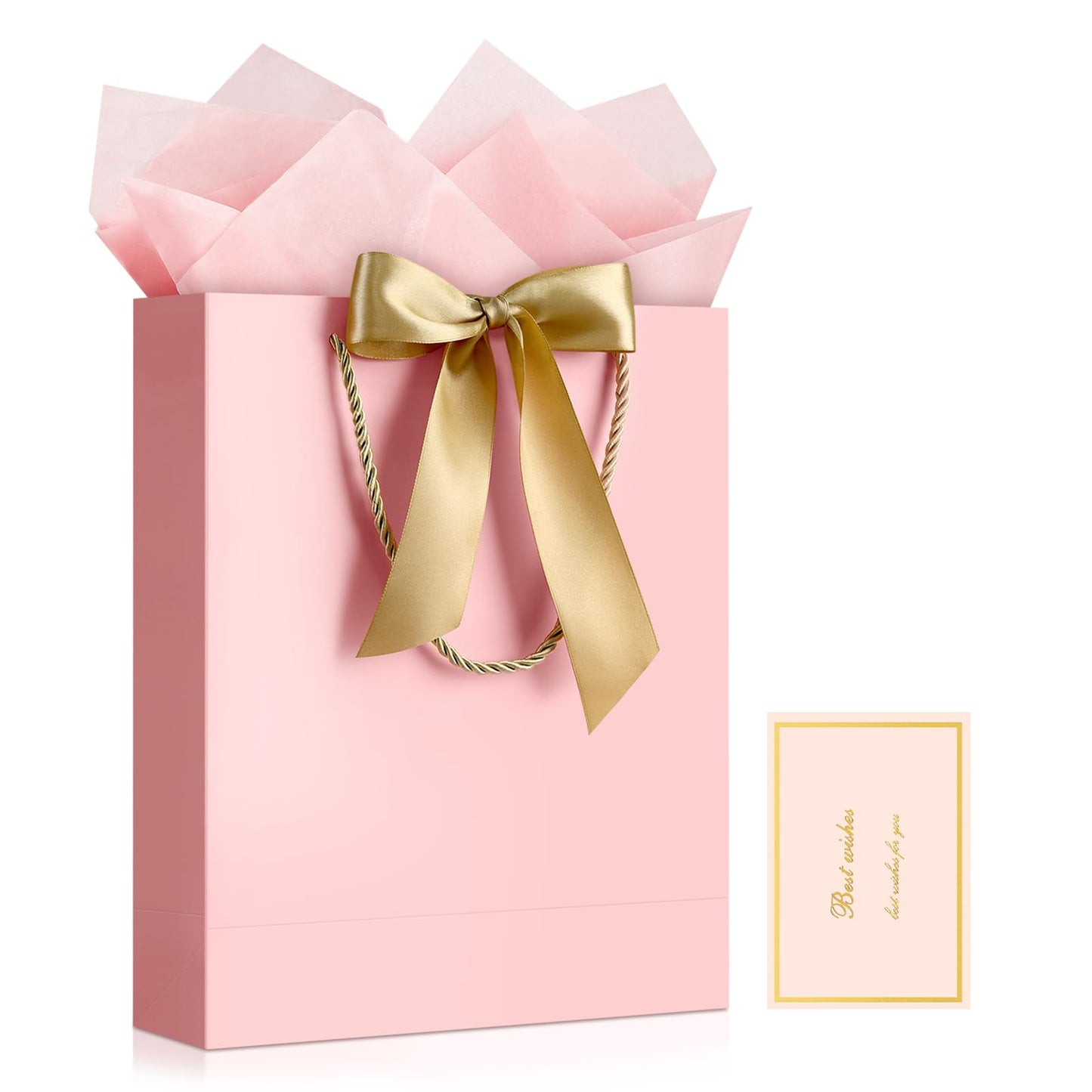 YoungTree Pink Gift Bags with Handles, 13" Medium Gift Bag with 2 Tissue Paper and 1 Card, Present Bag for Graduation Wedding Baby Shower Bridal Shower Birthday Party Supplies