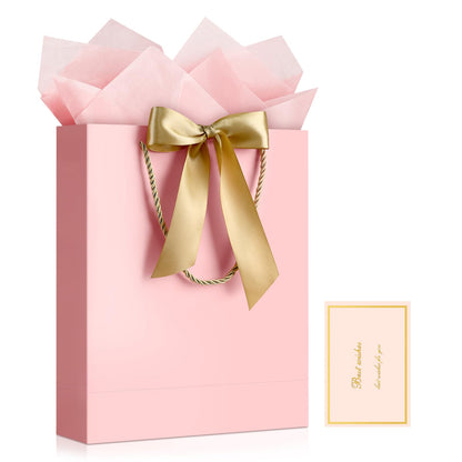 YoungTree Pink Gift Bags with Handles, 13" Medium Gift Bag with 2 Tissue Paper and 1 Card, Present Bag for Graduation Wedding Baby Shower Bridal Shower Birthday Party Supplies
