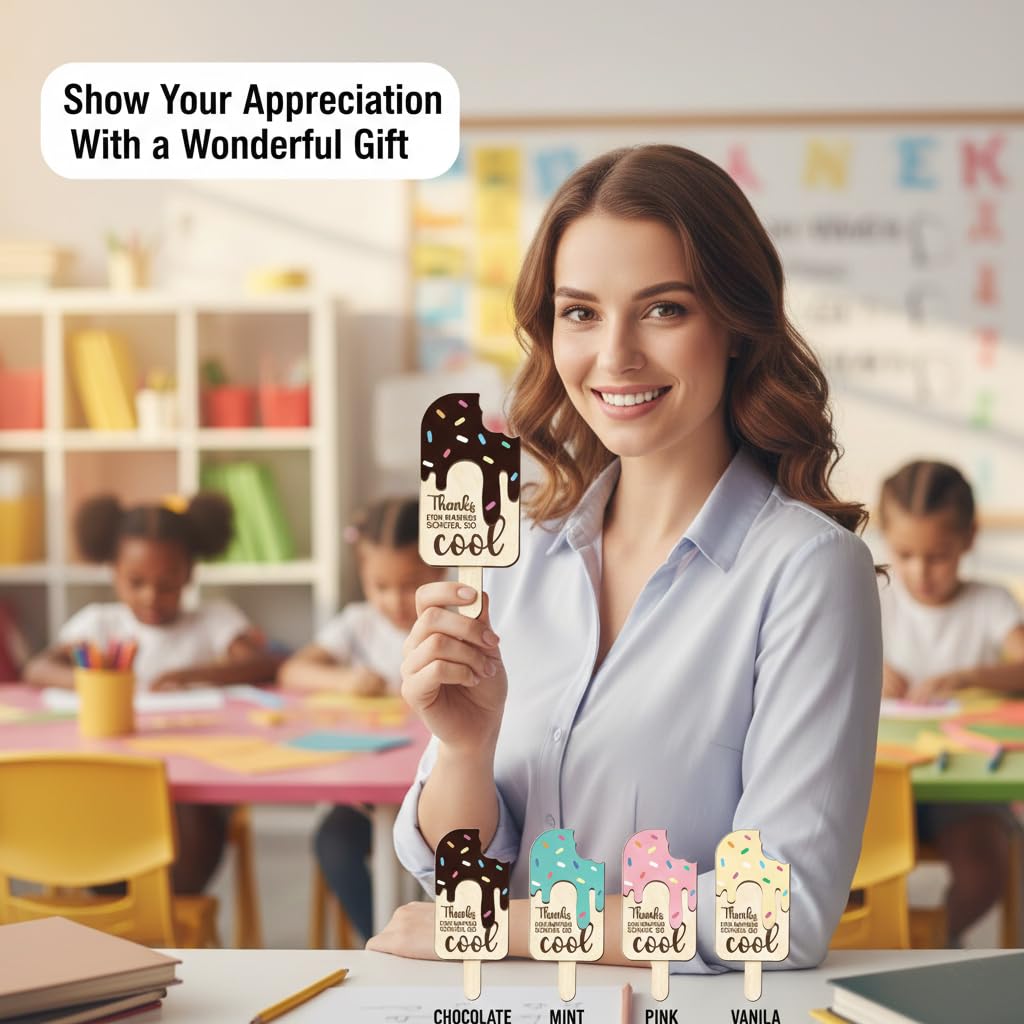 School is Cool Set 2 Pieces 3D Wooden Ice Cream Teacher Gift Card Holder, Teacher Appreciation Gift, Thank You Keepsake for Educators, End of Year & Back to School Surprise (Chocolate)