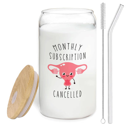 Hysterectomy Recovery Gifts - Monthly Subscription Cancelled Glass Cup with Lids and Straws 14oz, Get Well Soon Gifts for Women, Glass Coffee Tumbler Drinking Jars with Cleaning Brush